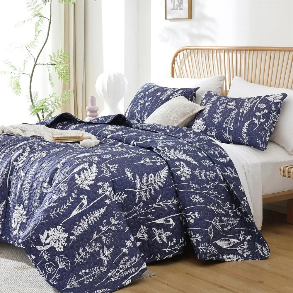 New Quilts Queen Size Navy Blue Floral Queen Quilt Bedding Set Microfiber Boho